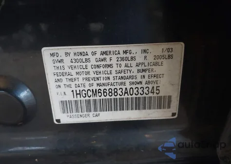 2003 Honda Accord 3.0 Ex z USA, uszkodzony, nr VIN 1HGCM66883A033345